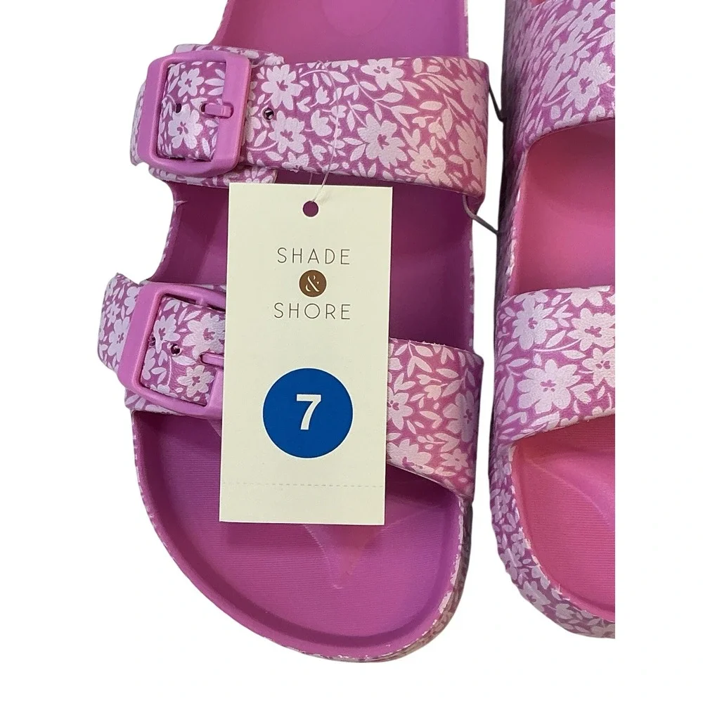 Shade & Shore Neida Two Band Slide Sandals Pink/Flower Women's Size 7 Beach Pool